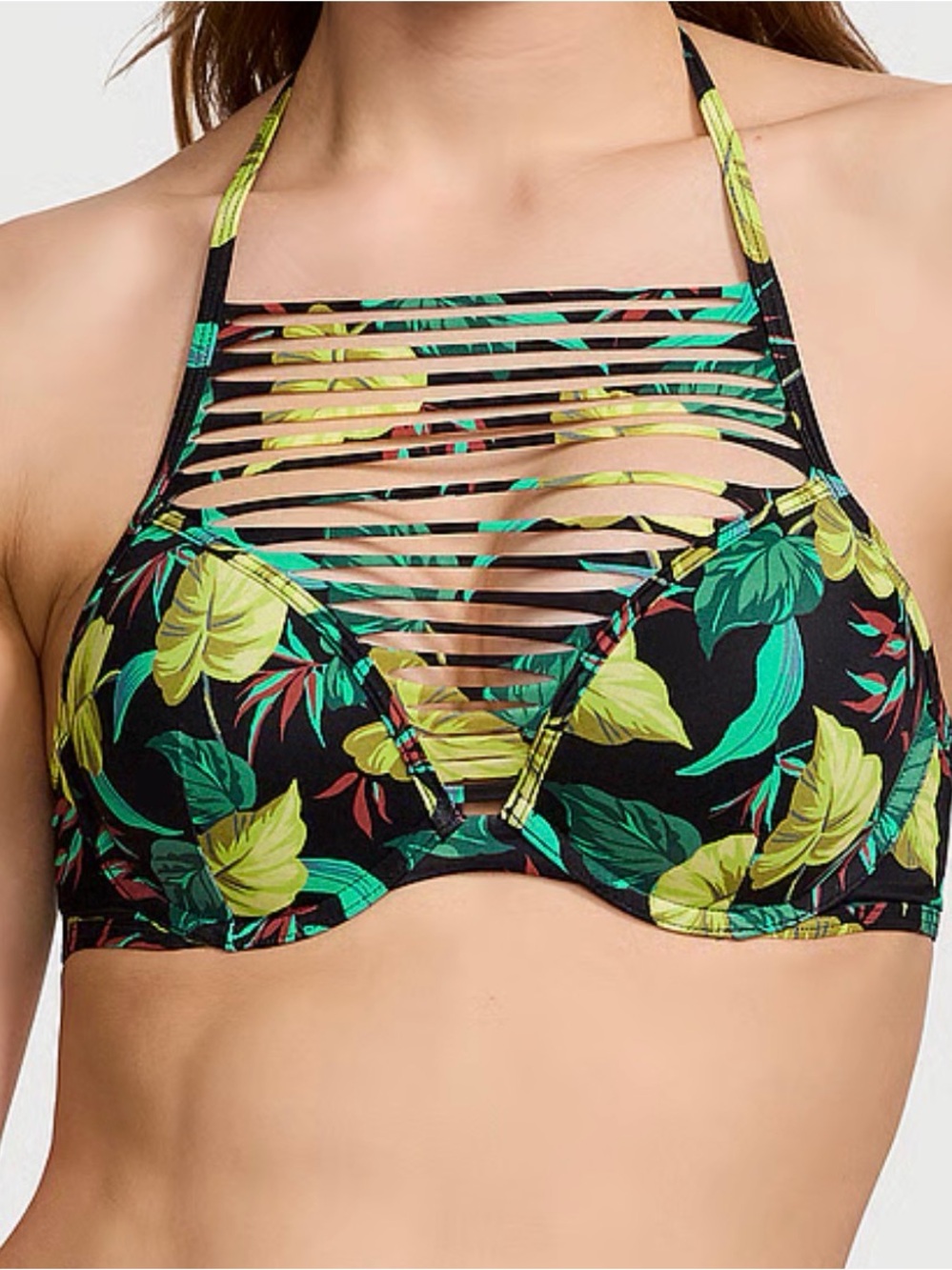 Victoria's Secret High Neck Push up Tropical Strappy Halter Bikini Top 32C